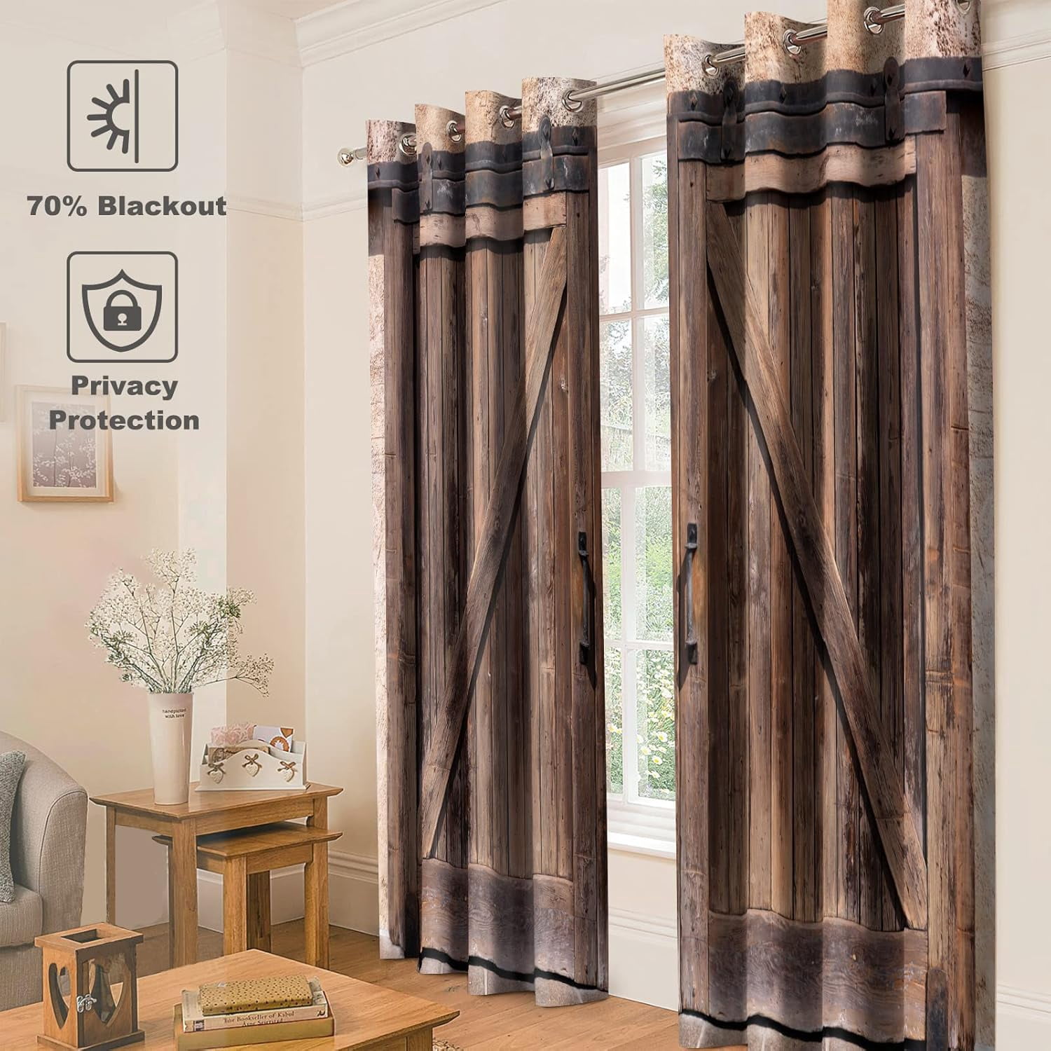 Rustic Wood Blackout Curtains Vintage Wooden Barn Door Farmhouse Home Bedroom Living Room Decor Brown Grommet Window Drapes 2 Panel Set, 52"x84"