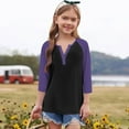 thumbnail image 3 of Cowsor Girl's Casual 3/4 Sleeve T Shirts Button V Neck Tunic Blouses Color Block Basic Tee Tops Loose Fit Summer Shirt, 3 of 6