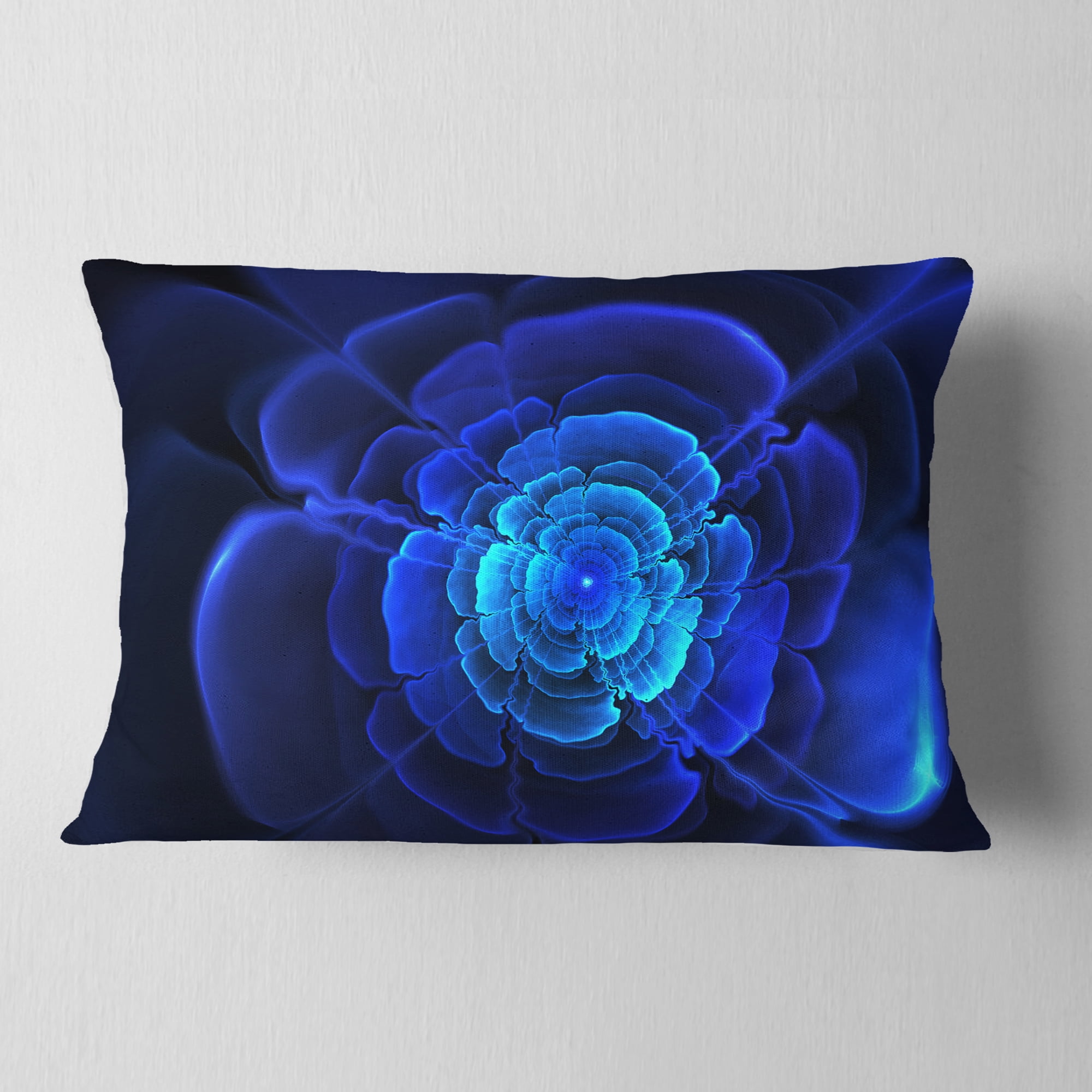 Designart Bright Blue Fractal Flower in Dark - Floral Throw Pillow - 12x20