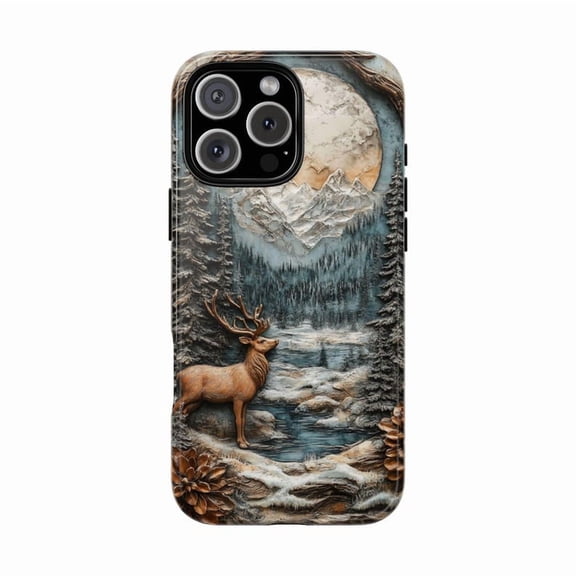 Carved Deer Mountain Pines Rustic Wooden Style Artistic Phone Case for iPhone 11 12 13 14 15 16 17 Pro Max