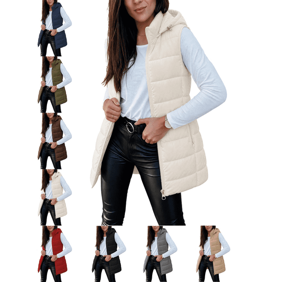 Women's Long Quilted Puffer Vest Stand Collar Sleeveless Hooded Vest with Zipper Pockets Soft Casual Winter Layering Outerwear