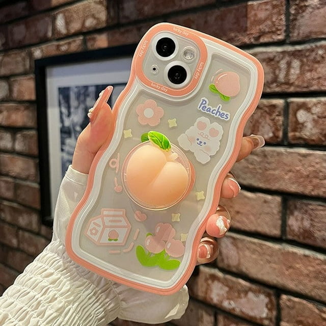 3D Chicken Peach Decompression Toys Ring Strap Holder Wave Phone Case For iphone 15 14 X XR XS 1113 Pro Max 12 Pro 7 8 Plus Gift