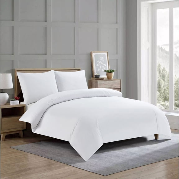 Violet Linen Percale Solid Pattern, Luxury Ultra Soft and Breathable 200 Thread-Count Cotton Percale, White, Twin 39-inch, 4 Piece Duvet Set, Bedding Duvet Cover Set for One Bed