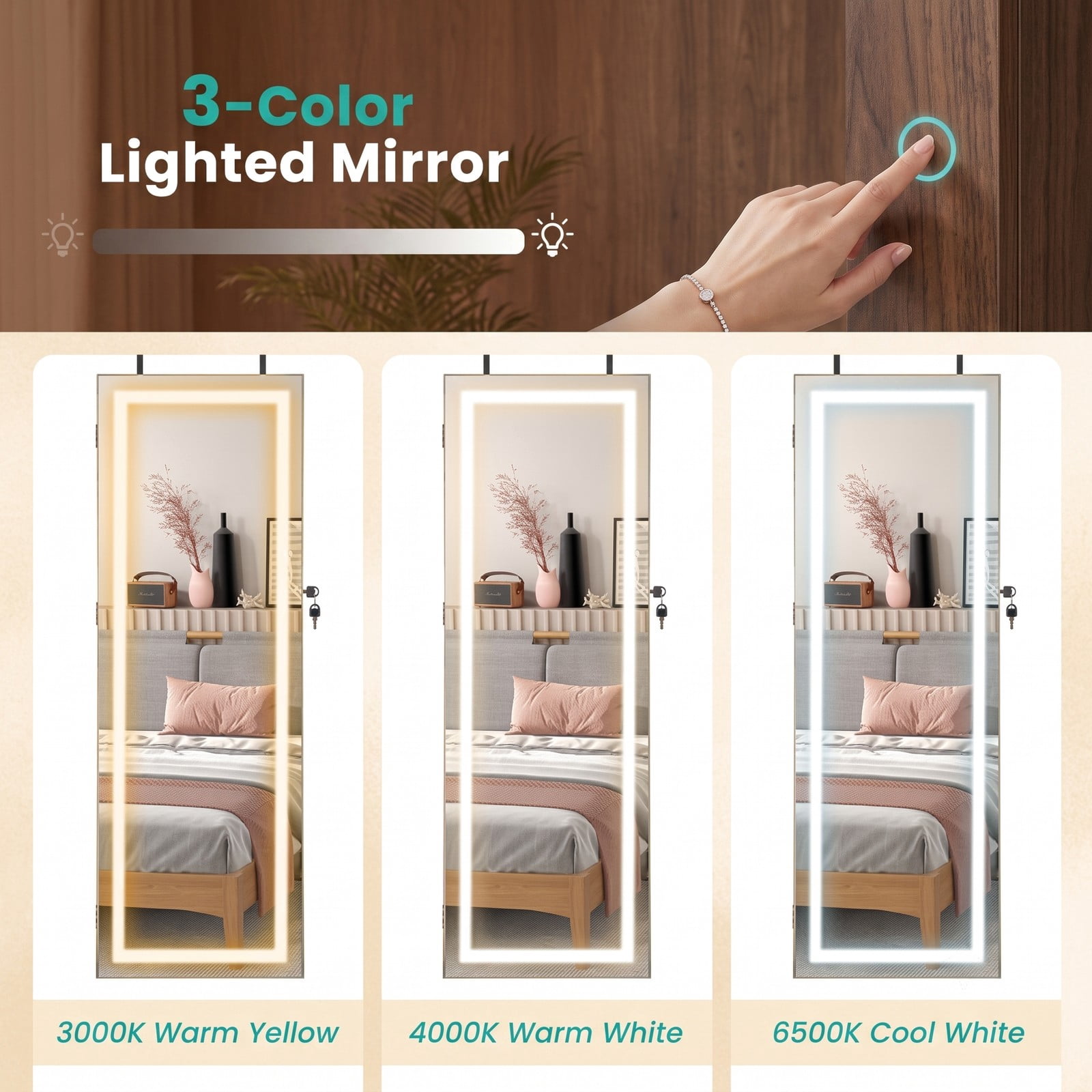 Furnibear 42.5 Inch Lockable Wall and Door Mounted Jewelry Cabinet with Full-Length Mirror and 3-Color LED Lights, Rustic Brown