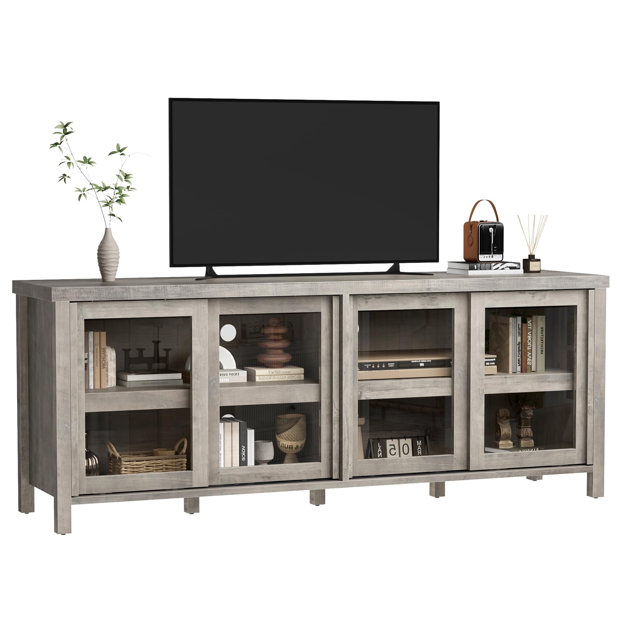 62" Farmhouse TV Stand for TVs up to 75 Inch - Entertainment Center with Glass Sliding Doors & Adjustable Shelves - Large Storage Media Console for Living Room & Bedroom - Black / Gray / Retro