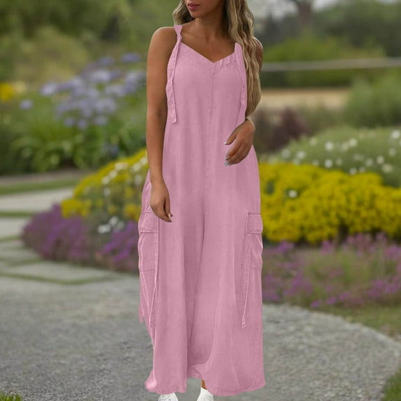 Sakmal Streetwear Jumpsuit Women Sleeveless Pink Plus Size Flowy Overalls V Neck Solid Wide Leg Long Pants with Pockets