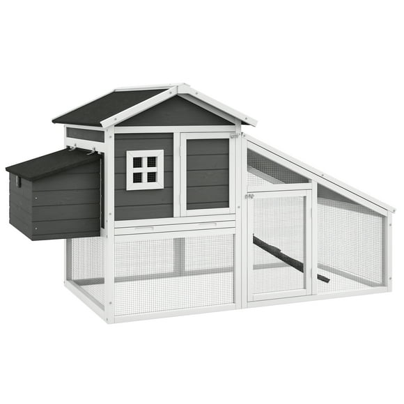 PawHut 69" Chicken Coop Wooden Hen House with Run, Nesting Box, Tray, Grey