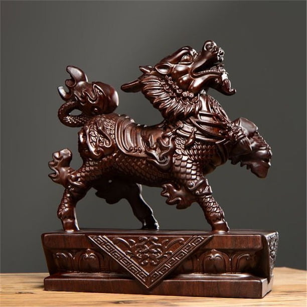 Ebony wood carved Qilin ornament, solid wood male and female fire Qilin, home decoration for wealth and good feng shui in the living room.