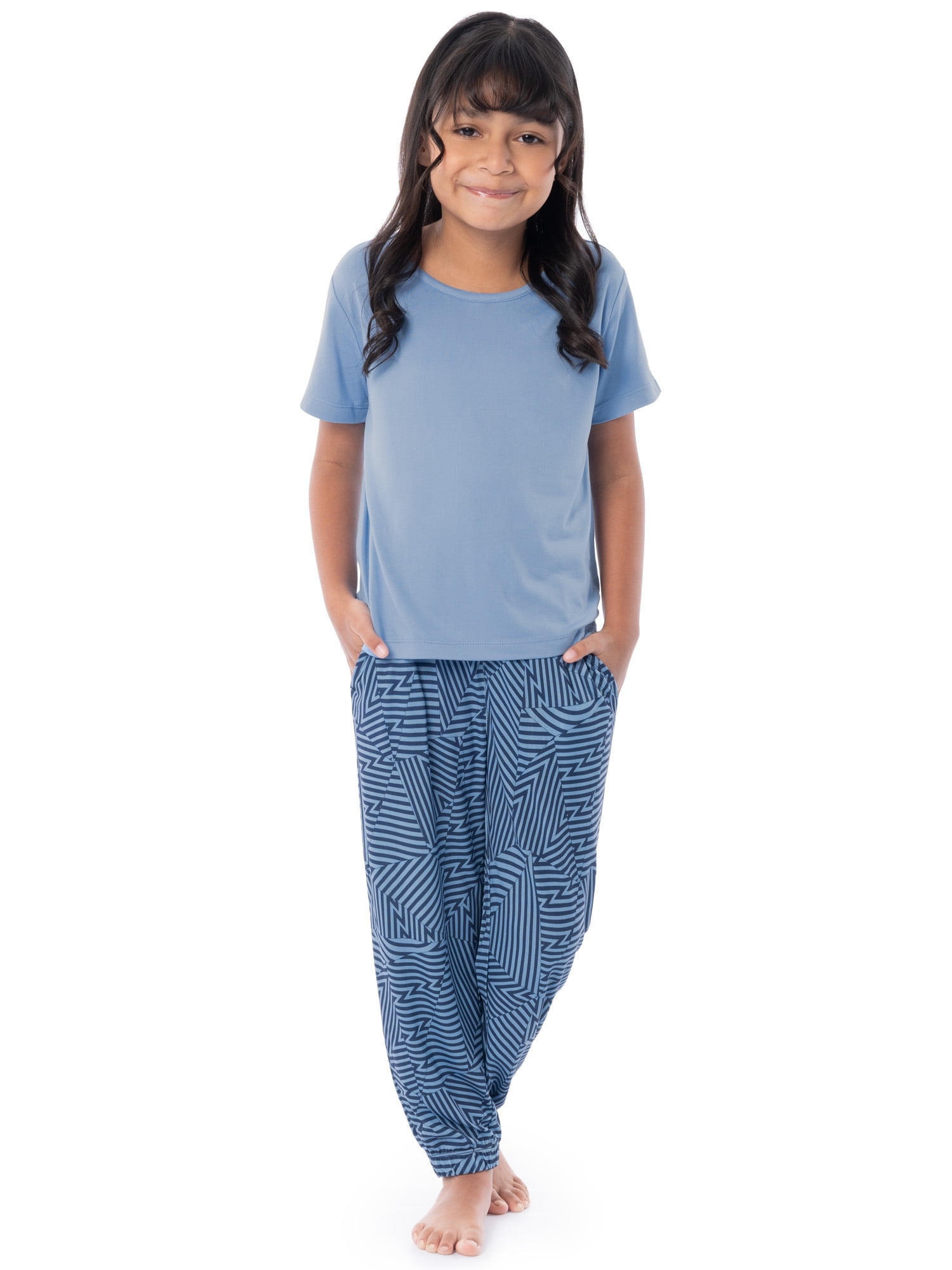 Fruit of the Loom Girl's Getaway Loose Fit Short Sleeve Top, Pajama Sleep Pant & Short Set, 3-Piece, Sizes 4/5-14/16