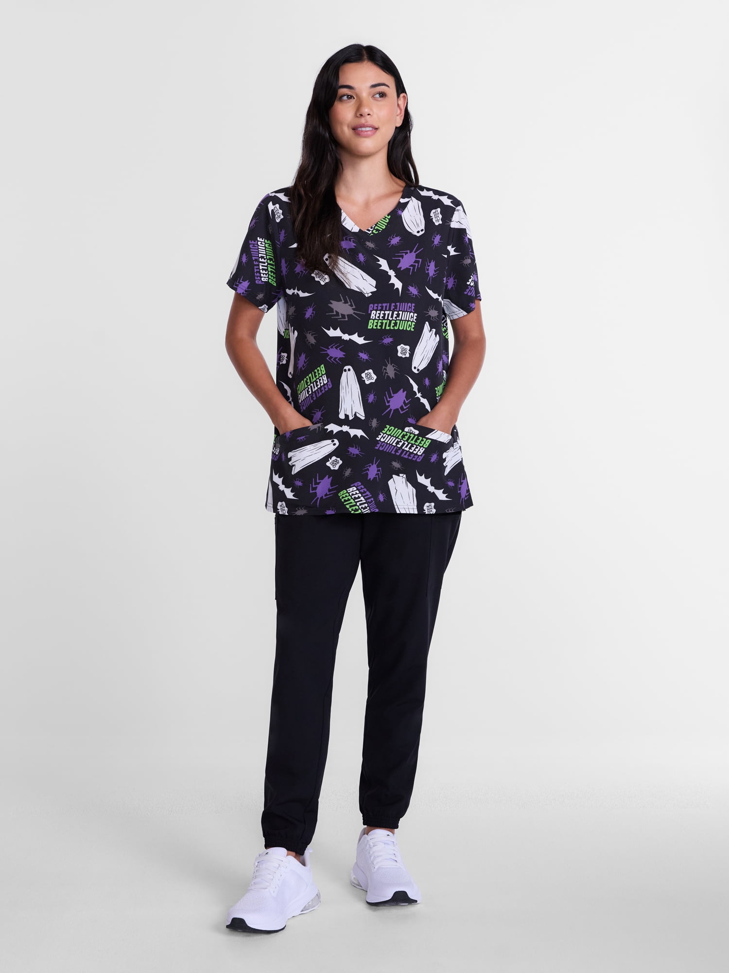 Beetlejuice Women's Halloween Scrub Top with Short Sleeves, Sizes S-XXXL