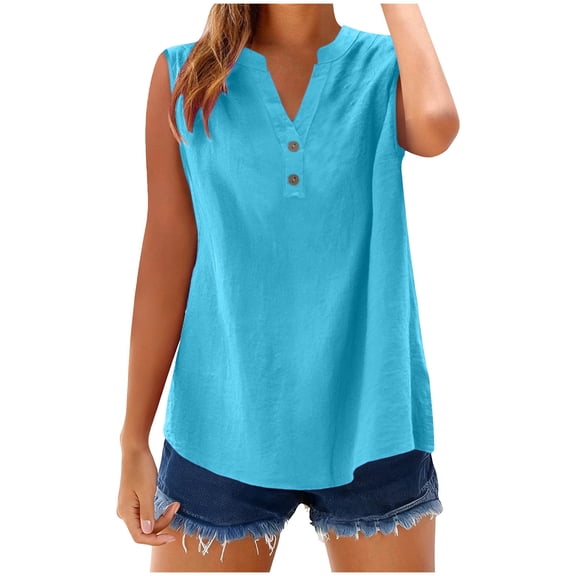 Womens Cotton Linen Tank Tops, Sleeveless Shirts for Women Lightweight Casual Plus Size Solid Color Button Up V Neck Dressy Blouses