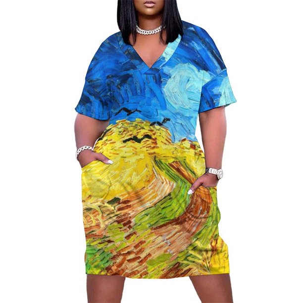 Vestido holgado con bolsillos de estilo artístico de Campo de trigo con cuervos, vestidos de mujer, falda de verano para mujer, vestido elegante para invitadas de boda