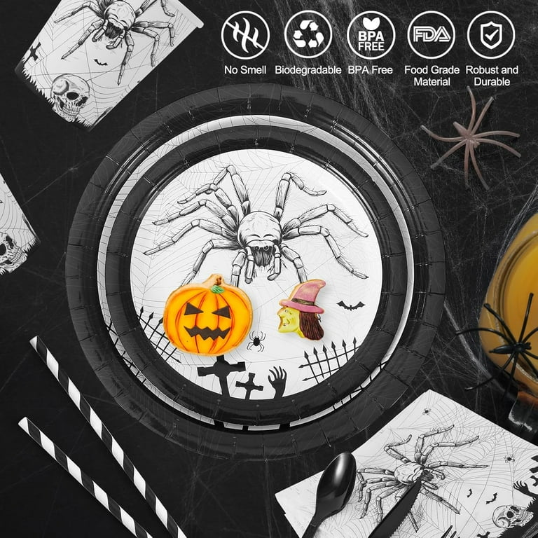 215-Pcs Disposable Dinnerware Set Halloween Spider Skeleton