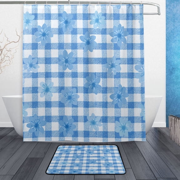 TTYFWHD 60" x 72" Shower Curtain and Bath Mat Set Fresh Blue Gingham Floral Design Waterproof Bathroom Curtain with 12 Hooks, Bathroom Decor Set