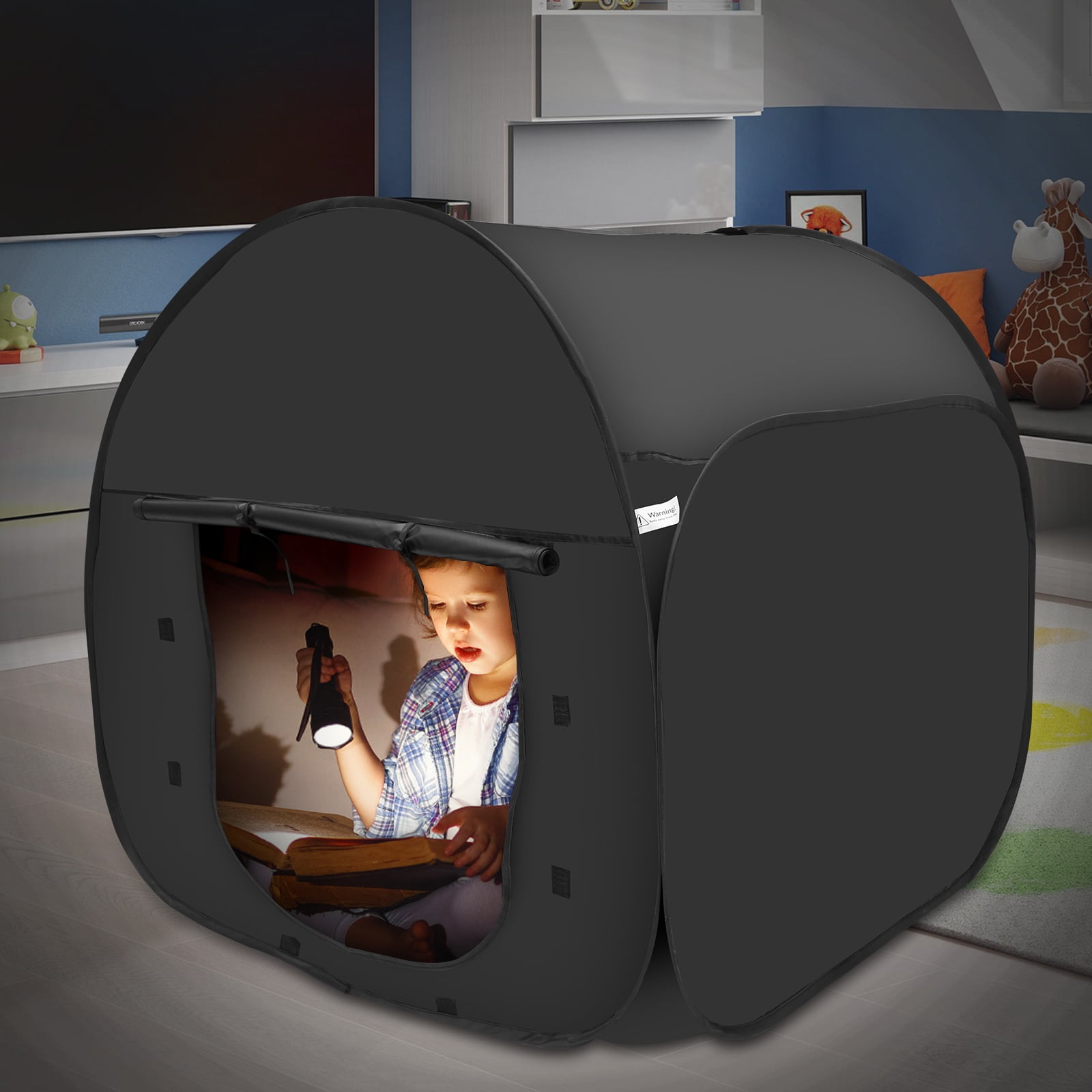 AEVXKHI Pop Up Blackout Calming Tent with 2 Windows, Easy to Set Up, Foldable Calm Down Black Tent, Comfortable Accommodate 1 to 2 People Calm Corner Tent for Kids