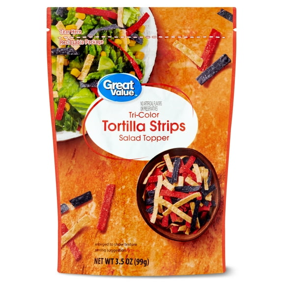 Great Value Tri-Color Tortilla Strips Salad Topping, 3.5 oz Resealable Bag