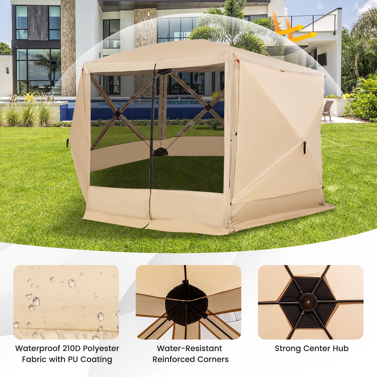 Costway 11.5 X 11.5 FT 6-Sided Pop-up Screen House Tent With 2 Wind Panels for Camping Coffee