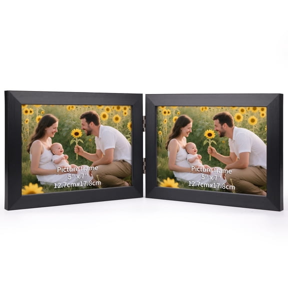 5x7 Double Picture Frame Display Horizontal 5 by 7 Photo, Black Hinged Folding Frame for Tabletop Standing