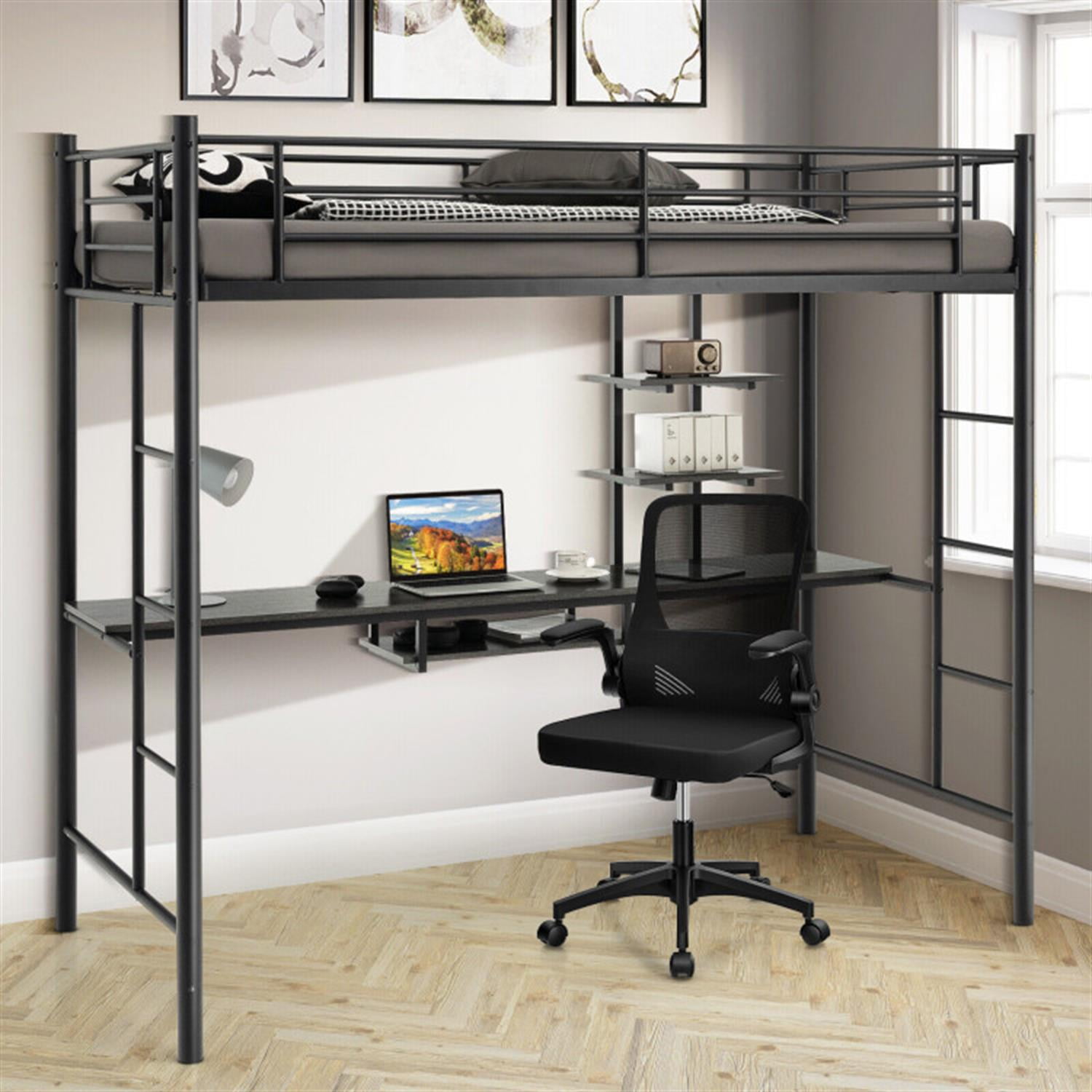 Demi Bonn Twin Size Metal Loft Bunk Bed with Desk Shelf and Full Length Guardrail for Teens, Black