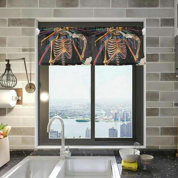 Yayeee Kitchen Valance Rod Pocket 54" x 18" Living Room Window Curtain, Colorful Skeleton Sun