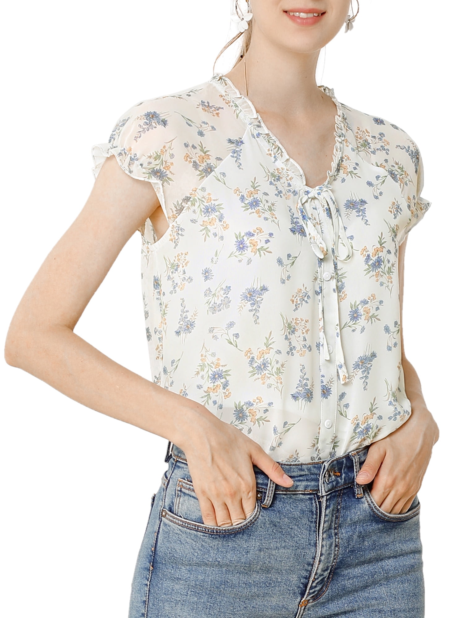 DARING DIVA Women's Ruffle V Neck Cap Sleeve Chiffon Floral Blouse Top XS White Purple