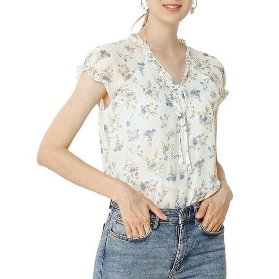 INSPIRE CHIC Valentine's Day Women's Floral Blouse Short Cap Sleeve Chiffon Casual Ruffle Tops M White Purple
