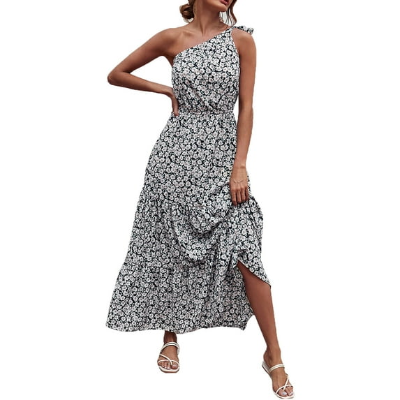 Women's Long Dress, Adult Floral Print One Shoulder Sleeveless Ruffle Hem Female Blouson Dress