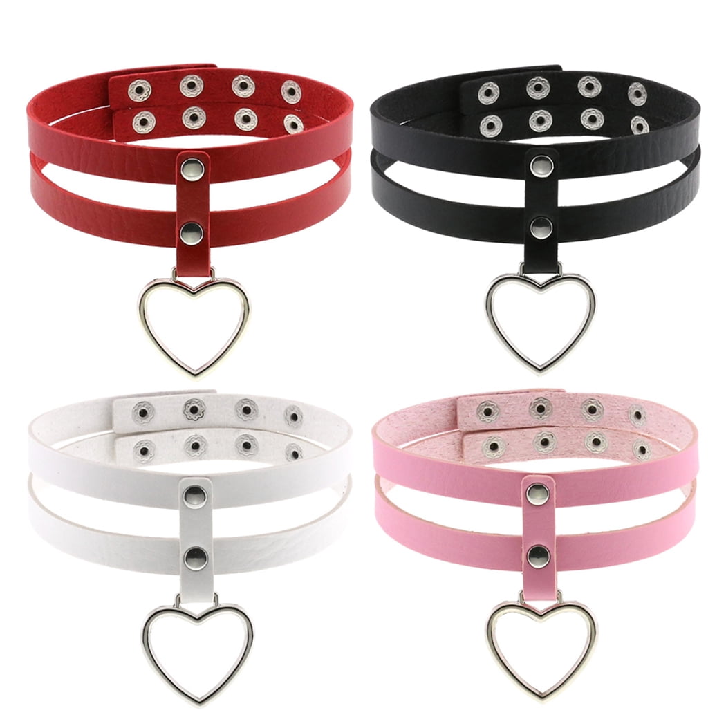 Punk Choker 2 Layers: Heart-shape Ring Goth Collar Necklace Faux Leather  Choker 