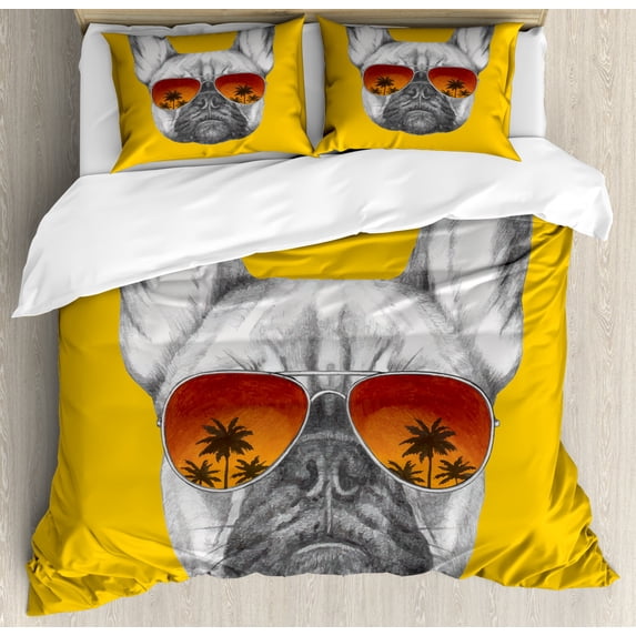 Bulldog Duvet Cover Set Queen Size, Hand Drawn Portrait of a Cool Pet in Sunglasses Exotic Feels, Decorative 3 Piece Bedding Set with 2 Pillow Shams, Earth Yellow Grey and Cinnamon, by Ambesonne