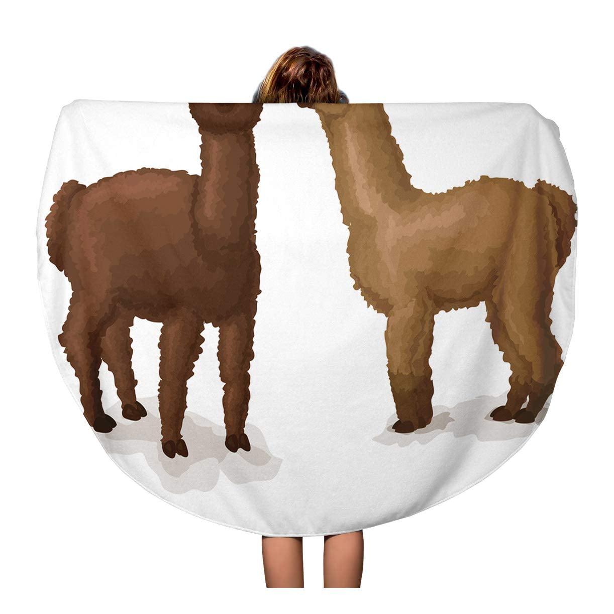 JSDART 60 inch Round Beach Towel Blanket Farm Alpaca White Two Lamas