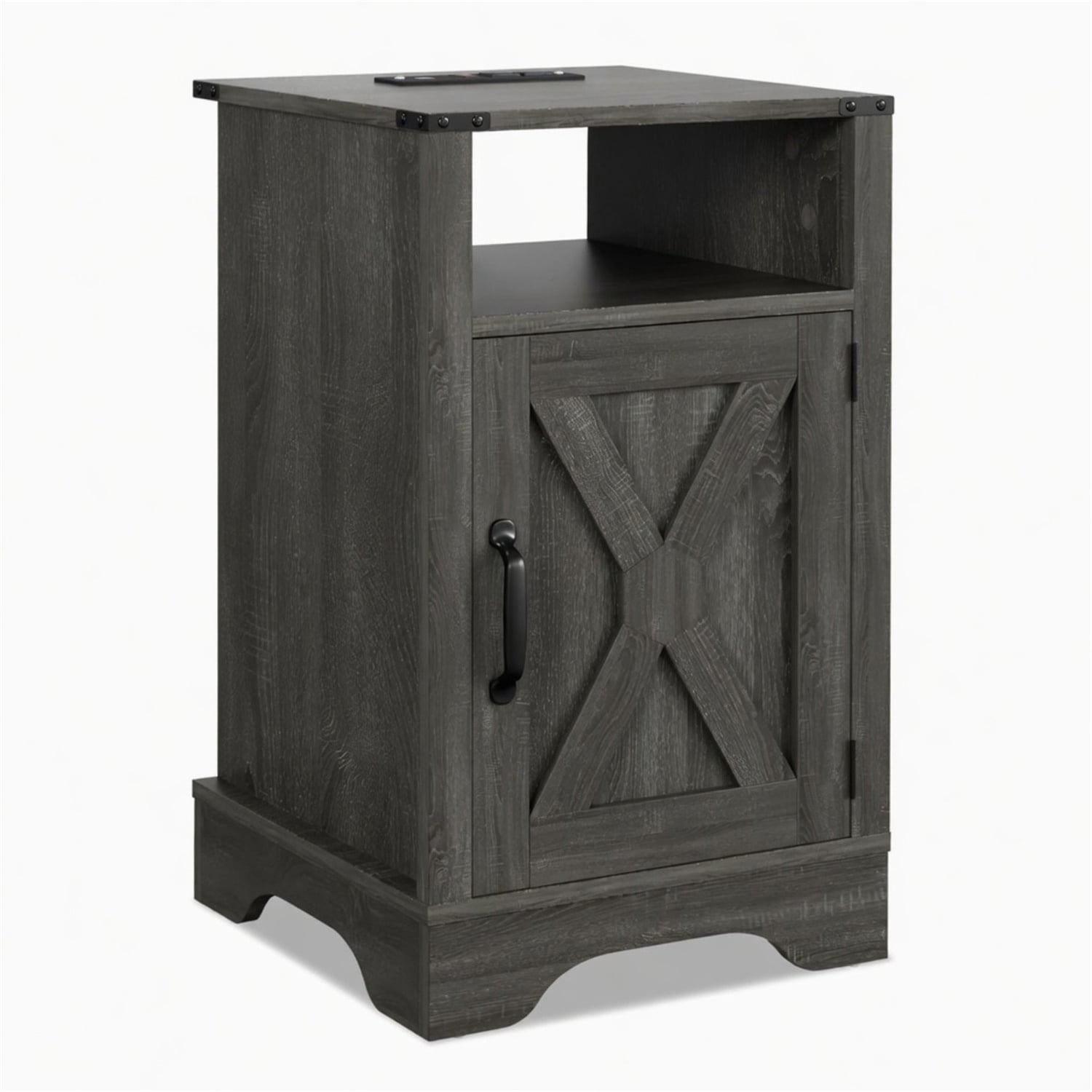 Hommoo 16"W Farmhouse Nightstand Sofa Side Table with Charging Station & Shelf Storage, Dark Gray