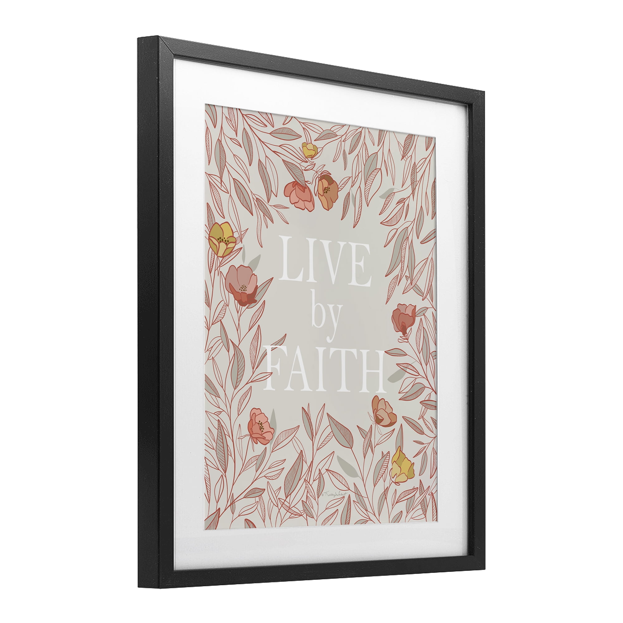Live By Faith Rosy Florals Black Framed Print Under Glass, design by Kelley Talent