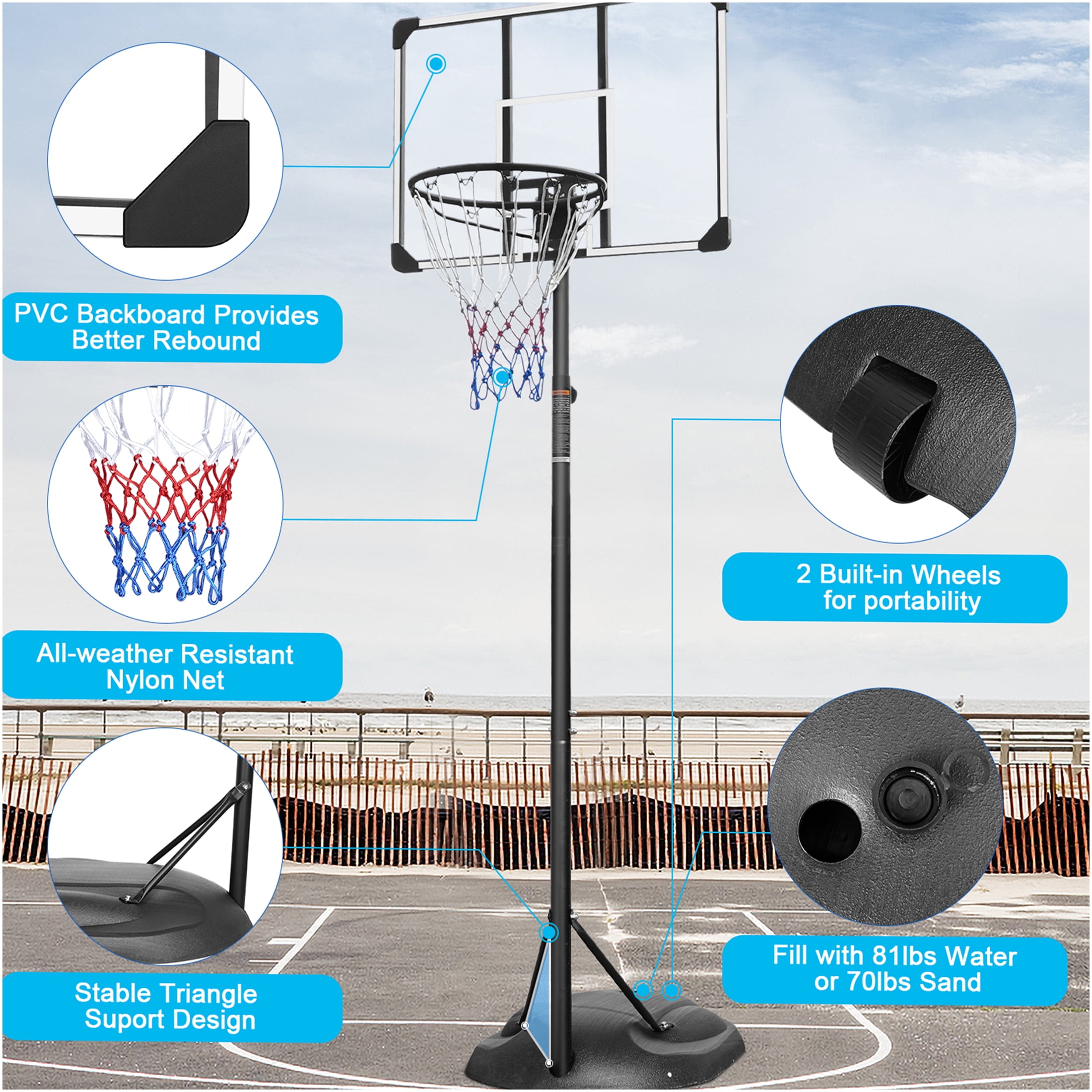 JERFIT 7.5-9.2ft Adjustable Height Portable Basketball Hoop System with 32" Backboard, All-Weather Base for Indoor Outdoor Play for Youth & Adults, Black/White