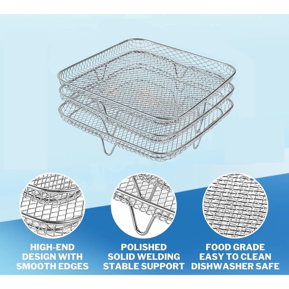 3Pcs Stainless Steel Air Fryer Basket, Square Three Layer Stackable Dehydrator Racks Fit for 7.5L-8L Square Air Fryer