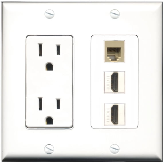 Ultra Spec Cables 15 Amp Power Outlet 2 Port HDMI 1 Port Phone RJ11 RJ12 Beige Wall Plate
