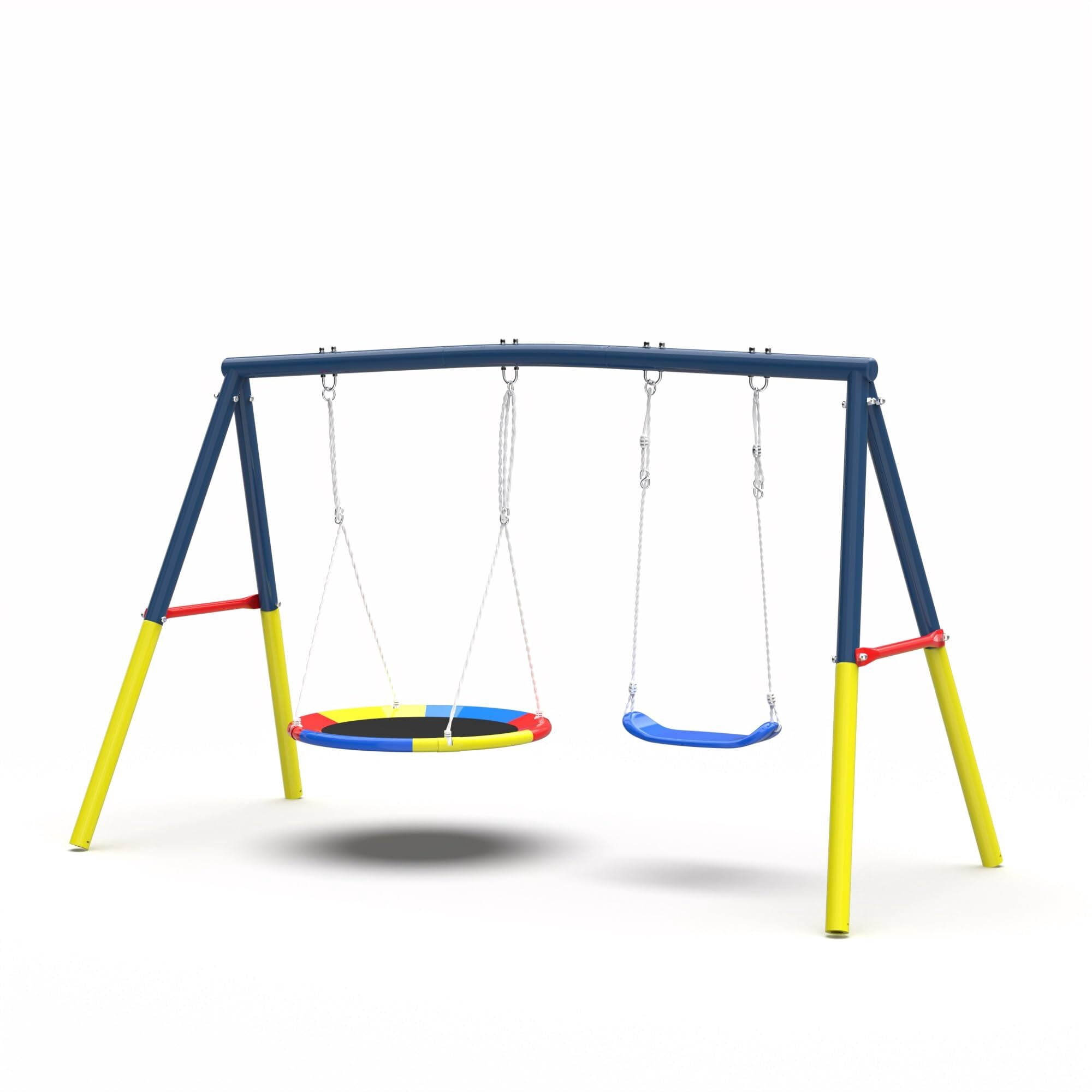 Swing Sets for Outside Backyard, Metal Toddler Swing with Heavy-Duty A-Frame, Outdoor Swing Stand with 1 Saucer Swing Seat & 1 Belt Swings Seat, 440LBS, Blue