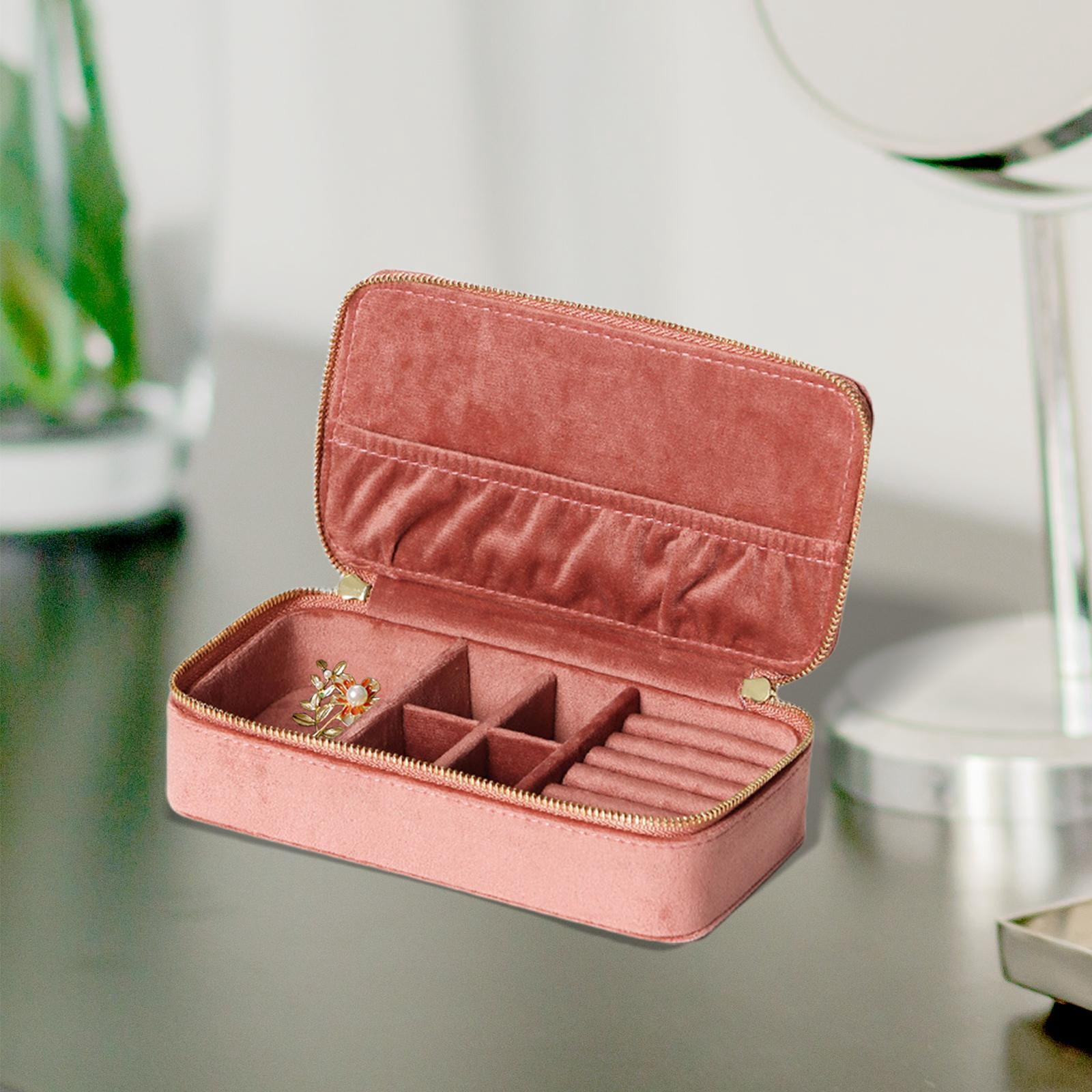 FVDPWYE Jewelry Box Organizer Dual Zippers Removable Partition Traveling Portable Velvet Pink