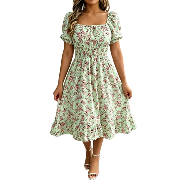 MYAOYI Women's Square Neck Floral Midi Dress Puff Sleeve Smocked Waist Summer