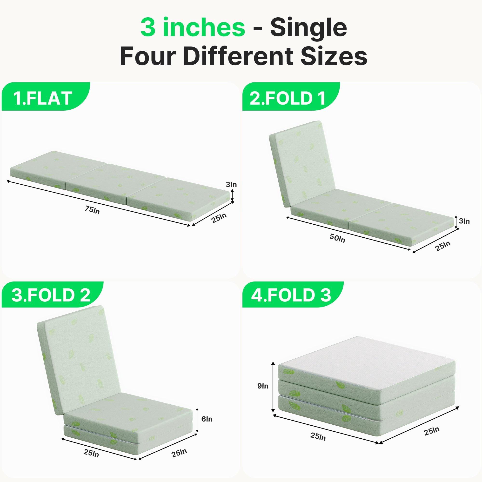 BEHOST 6 inch Tri Folding Memory Foam Mattress, Eco-Friendly Fire-Retardant & Portable Guest Bed, Full Size