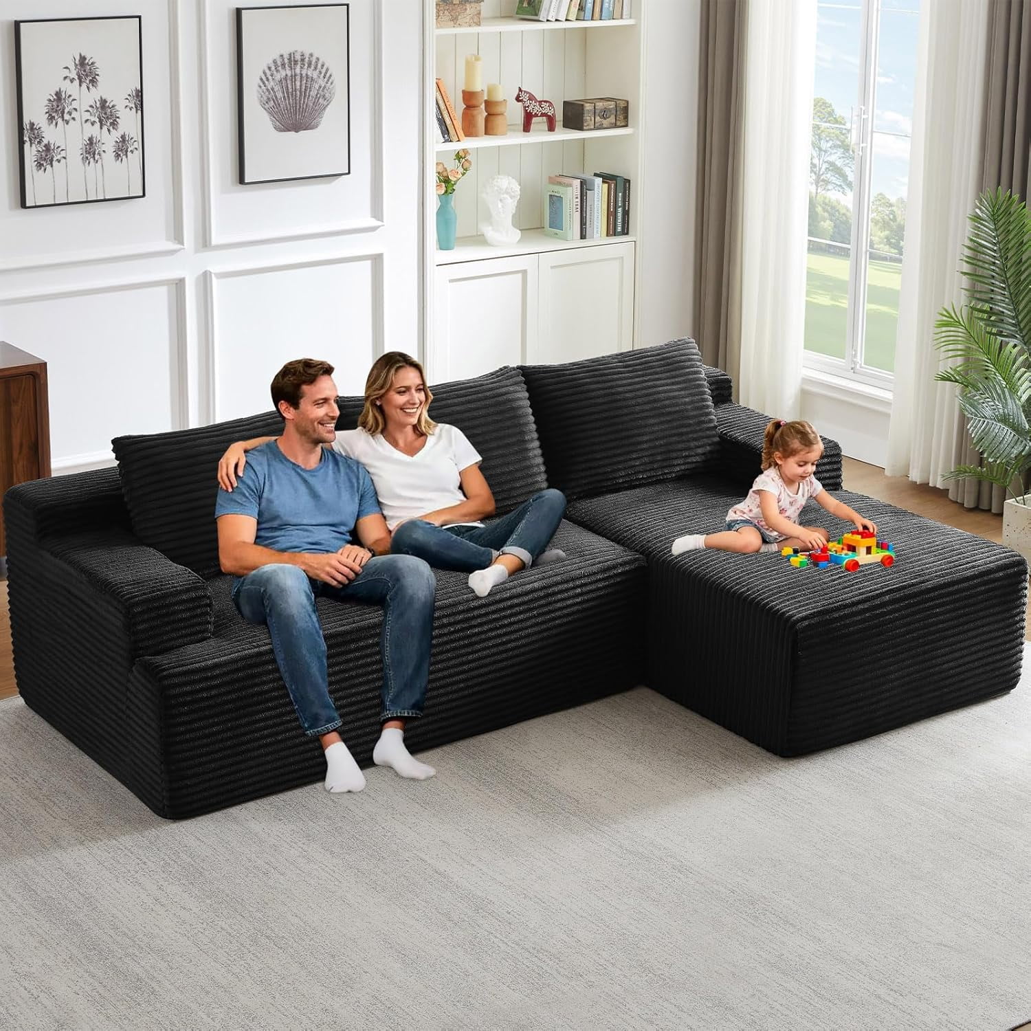 96" Boneless Cloud Couch with Chaise, Modular Sectional Sofa for Living Room, No Assembly Required, Deep Seat Corduroy Couch, Black