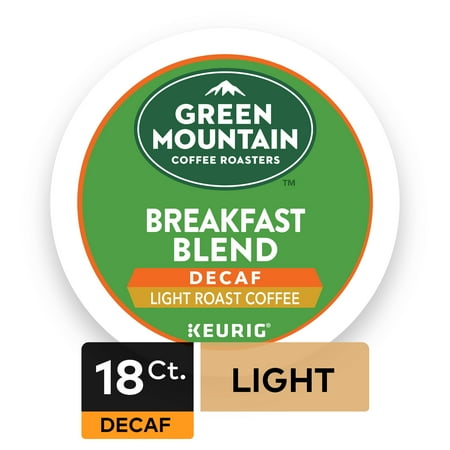 Green Mountain Coffee Roasters Breakfast Blend Decaf Keurig Single-Serve K-Cup pods, Light Roast Coffee, 18 Count