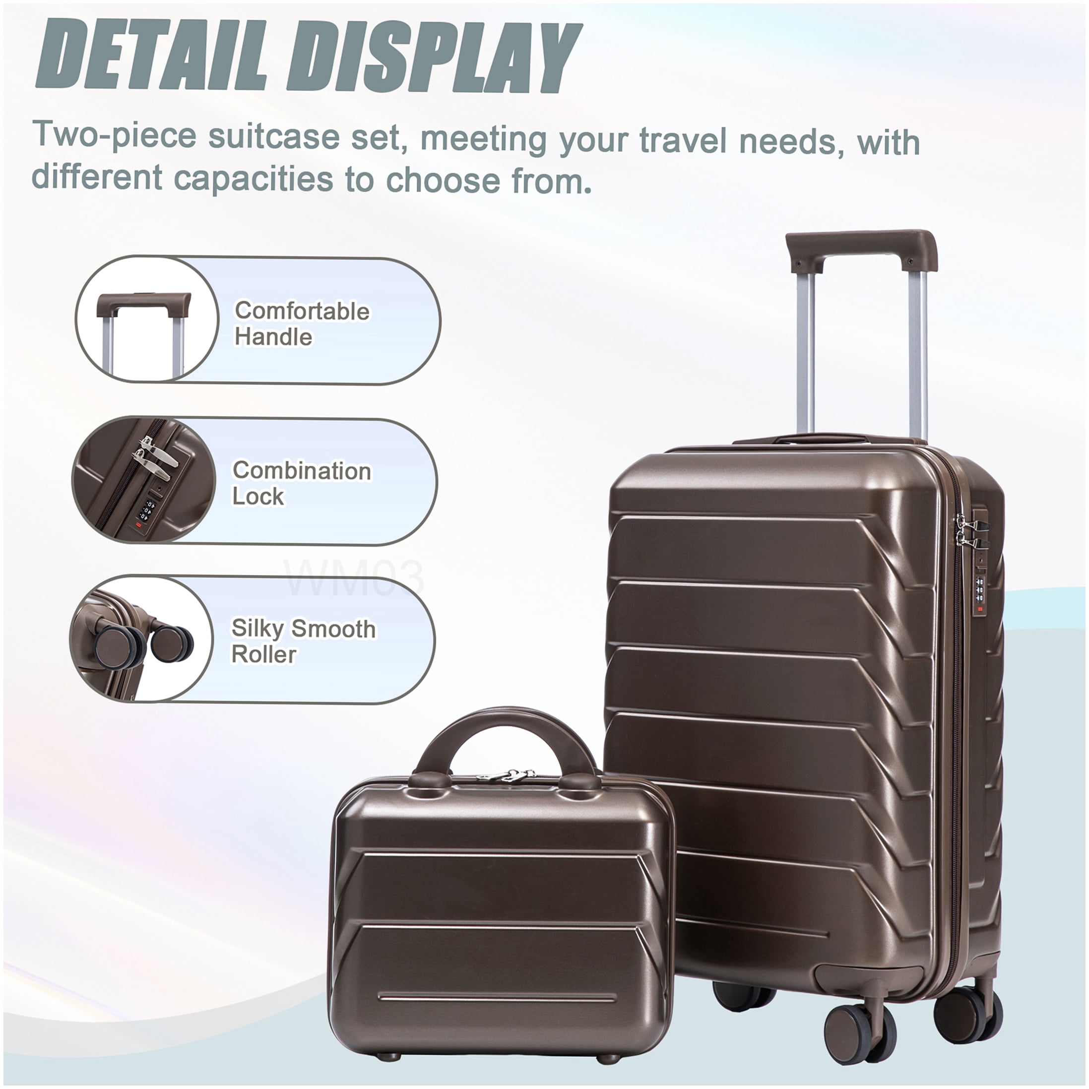 CHAMPFLAG Carry On Luggage 20 Inch with Makeup Case, ABS Spinner Suitcase Set, Combination Lock, Silent 360 Wheels for Air Travel, Brown
