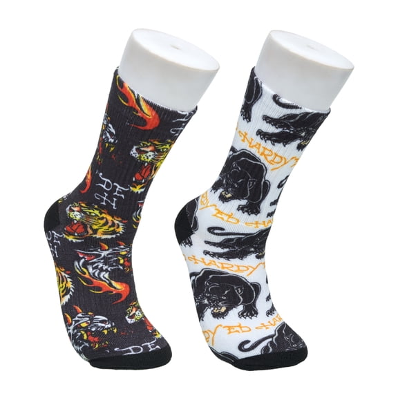 Ed Hardy Mens 10-13 360 Tiger Leopard Print Full Cushion Crew Sock 2-Pack