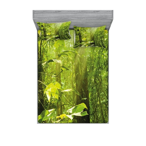 Ambesonne Nature Fitted Sheet & Pillow Sham Set, Leaf Branches Woodland, Full, Lime Green Brown