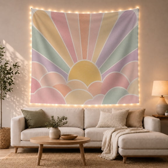 Golden-Yellow Sun Over Pastel Clouds, Nostalgic Boho for Art Lovers, Sunset Wall Art, Housewarming Gift, Tapestry Wall Hanging for Bedroom, Living Room and Dorm