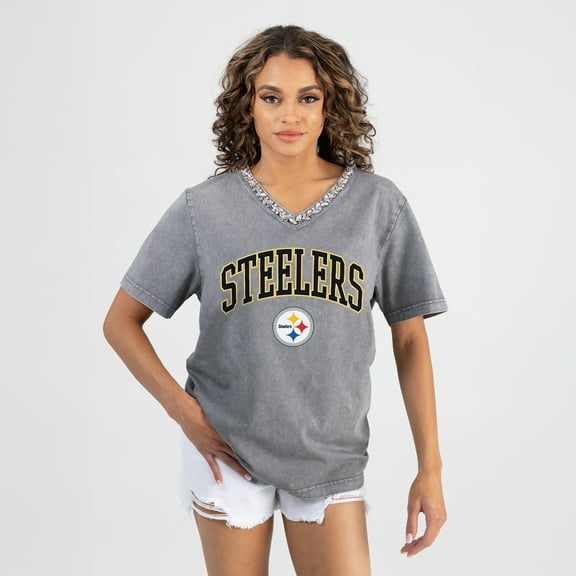 Women's Gameday Couture Gray Pittsburgh Steelers Relaxed Iconic Edge Rhinestone V-Neck T-Shirt