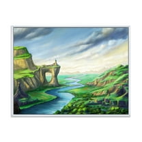 Designart 'Meandering River With Blue Fantasy Landscape' Lake House Framed Canvas Wall Art Print