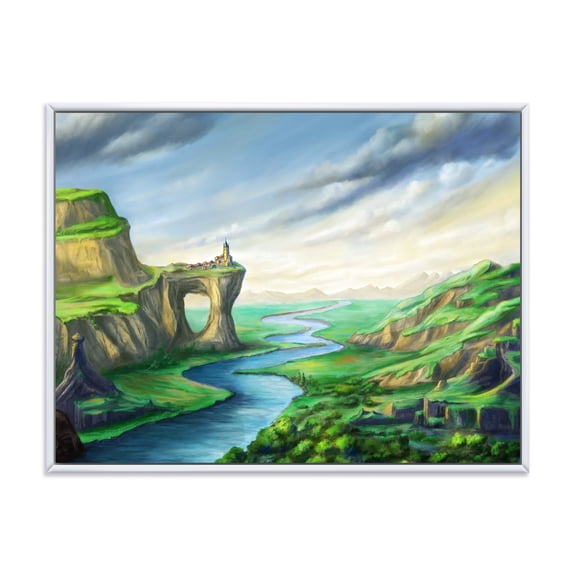 Designart 'Meandering River With Blue Fantasy Landscape' Lake House Framed Canvas Wall Art Print