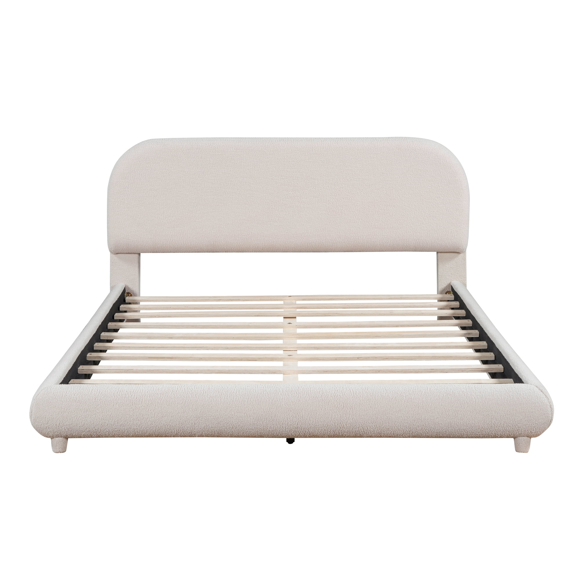 Harper & Bright Designs Teddy Fleece Queen Platform Bed with Thick Fabric, Queen Size Platform Bed Frame with Curve Upholstered Headboard, Beige