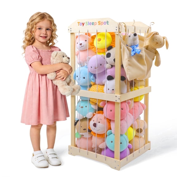 WETRBWEH Wooden Stuffed Animal Storage with Removable Hanging Storage Net, Large Toy Organizers and Storage, Stuffed Animal Holder for Toddler Rooms